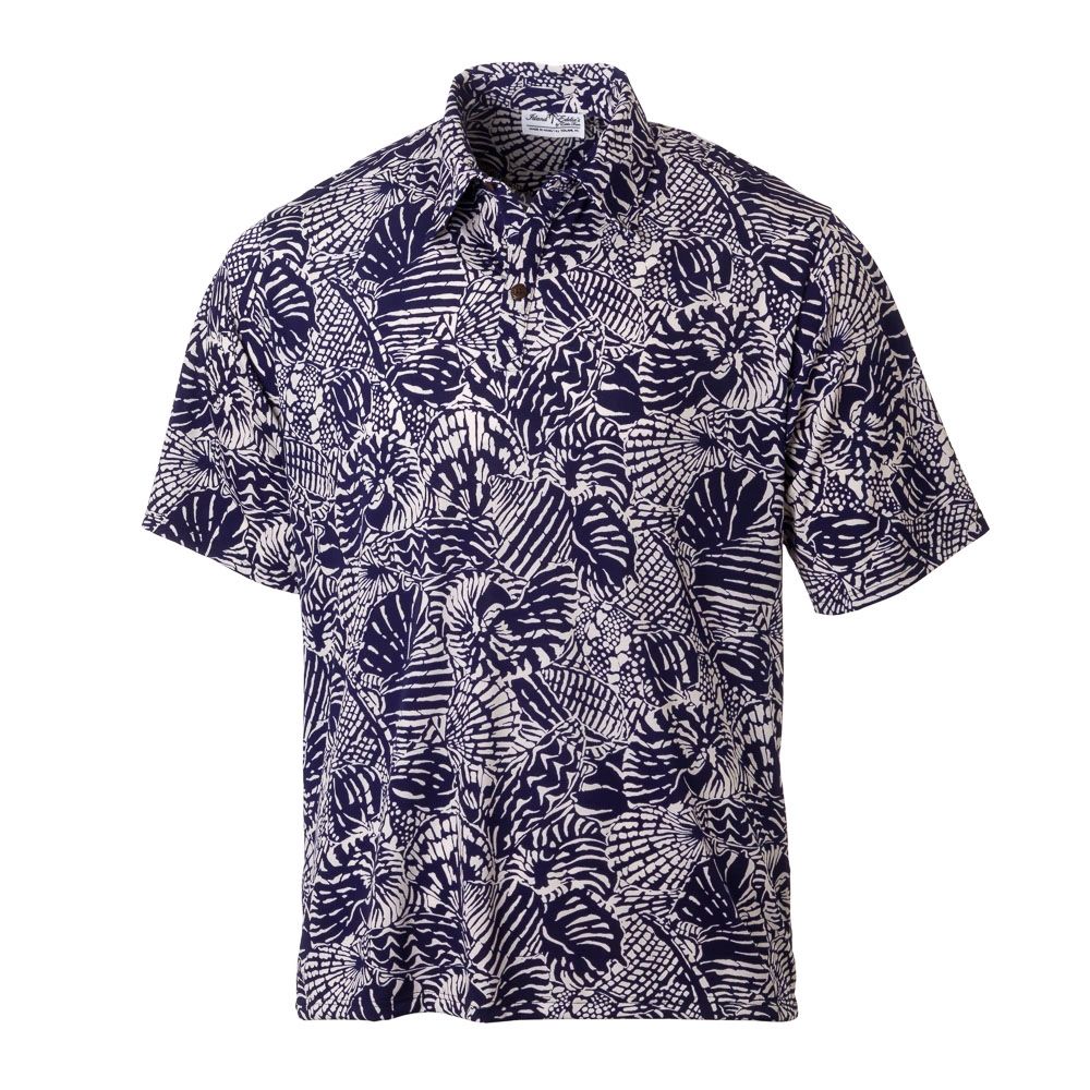 Blue & White Shell Hawaiian Style Polo Shirts