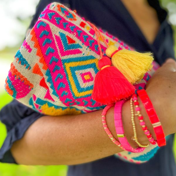 Embroidered Pouch Pink Orange Turquoise Millie Pink