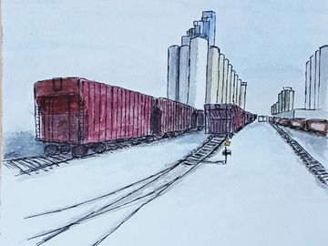 Looking Down the Tracks in Winter, Pen & Ink, Watercolor