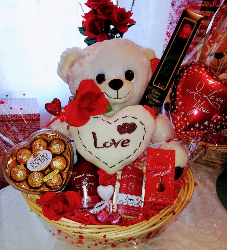 teddy bear and chocolate gift basket
