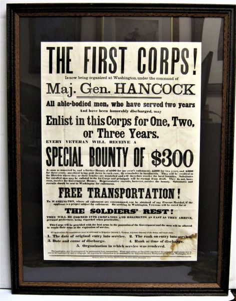 Framed Recruiting Broadside for Hancock's Veterans Corps. / Sold