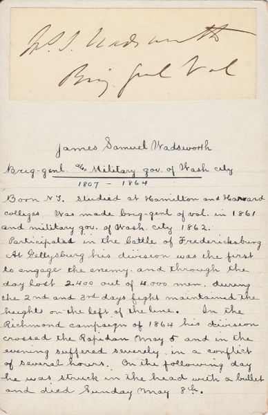 Signature of Brigadier-General James Samuel Wadsworth / SOLD