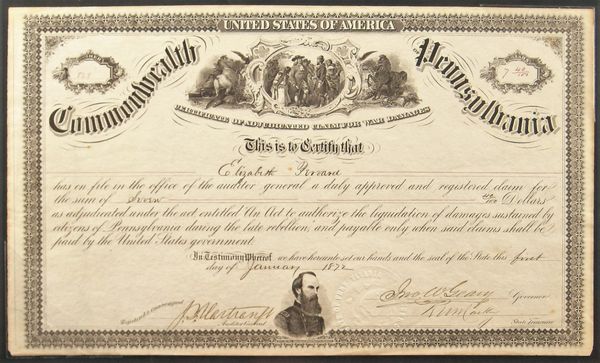 War Damages - United States of America, Common Wealth of Pennsylvania Certificate of Adjudicated Claim for War Damages