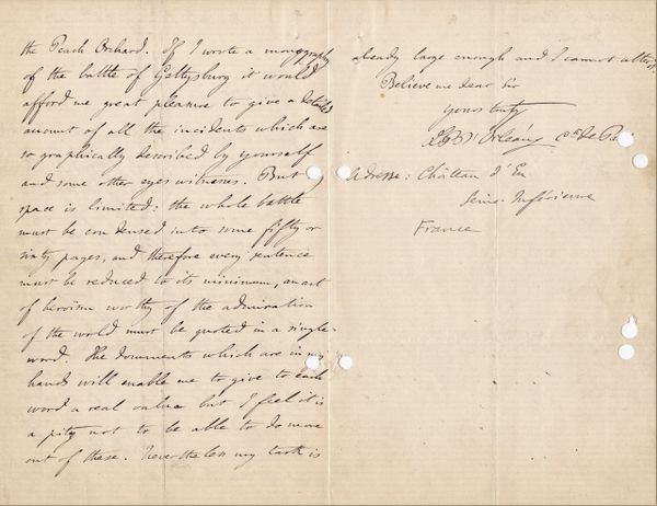 Letter from Philippe d’ Orleans - The Count De Paris To Porter Farley Captain in the 140th NY. Vols Regarding the Battle of Gettysburg / SOLD