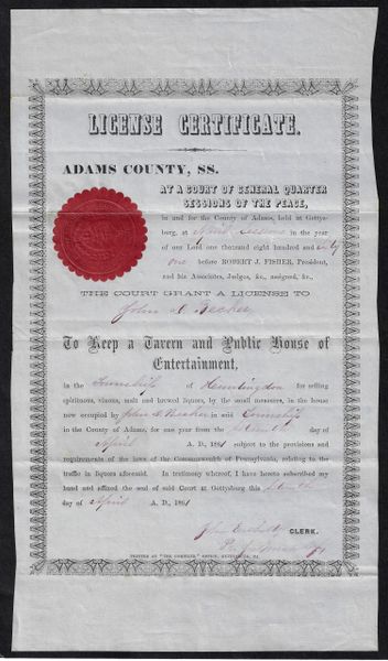 Liquor License Printed by "The Compiler" Gettysburg, PA - SOLD