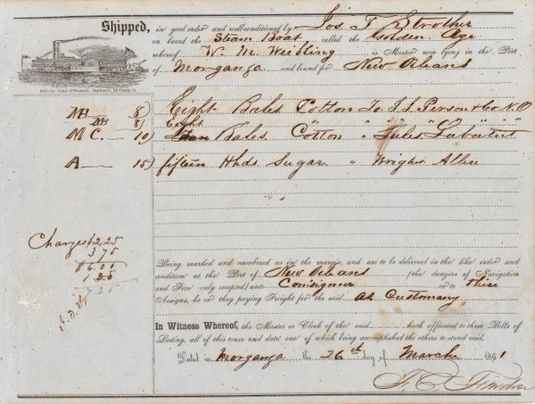 Waybill of the Mississippi River Steamer, "Golden Age", bound for New Orleans with Cotton / SOLD