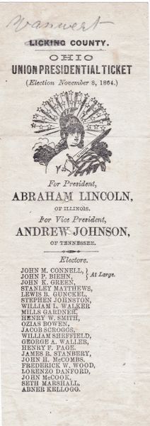 Presidential Election Ballot Cast November 6, 1864 / SOLD