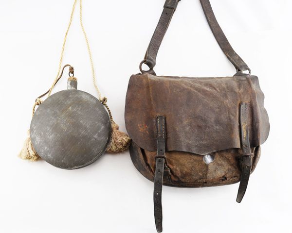 Confederate Officer's Accoutrements, Leather Haversack & Tin Drum Canteen / SOLD