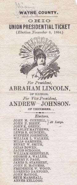 Presidential Election Ballot Cast November 6, 1864 / Sold