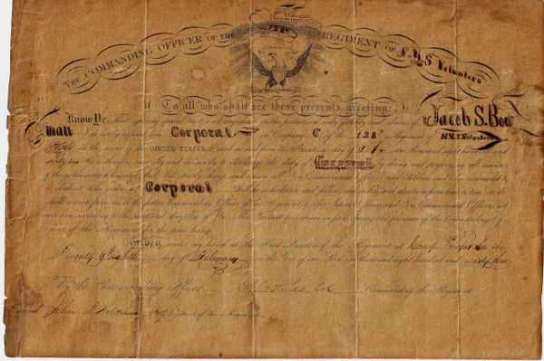 Commission to Corporal Jacob S. Bowman - 128th New York Infantry, Signed by Colonel Cowles / SOLD