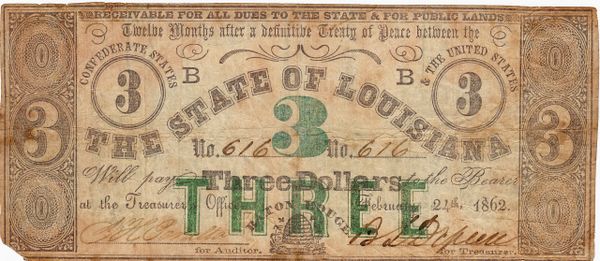 Three Dollar Louisiana Note / Sold