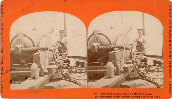 Stereoview Hundred-pounder Gun on Rebel Steamer