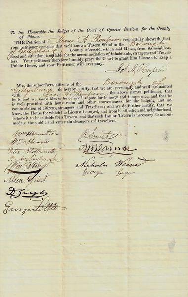 Gettysburg Tavern Application Signed by Many Notable Gettysburg Citizens / Sold