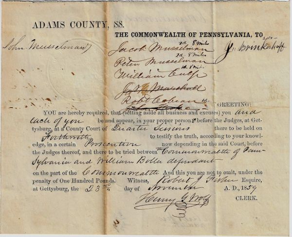Gettysburg 1859 Court Document / Sold