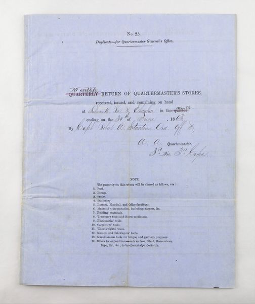 Monthly Return of Quartermaster’s Stores, Robert A. Stanton, 3rd Div 3rd Corps Just Before the Battle of Gettysburg! / SOLD