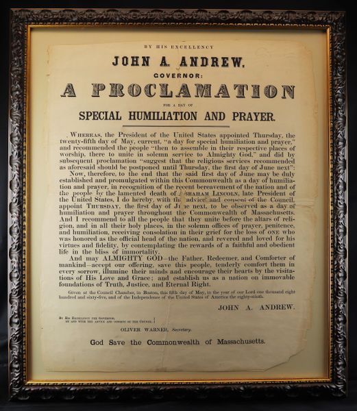 1865 Broadside Lincoln Assassination Governor John Andrew of MA