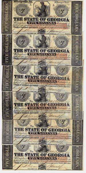 Lot of six sequential State of Georgia Five Dollar Notes