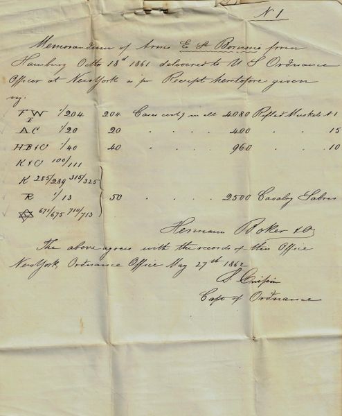 1861 Order for Rifled Muskets and Sabers from Herman Boker