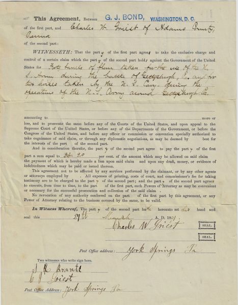 Gettysburg Document Claim for Flour and Horses Taken During the Battle