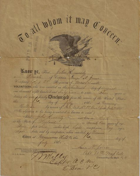 "Harvard Regiment" Civil War Discharge of John Kennady, 37th and 20th Massachusetts Infantry / SOLD