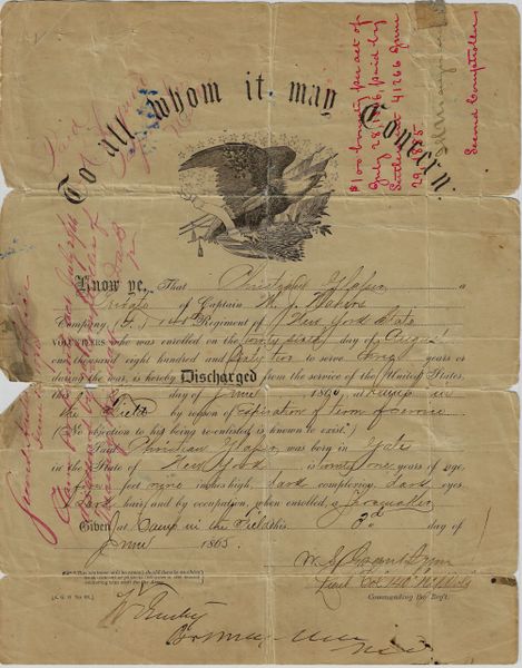 Civil War Discharge of Christopher Glasser, 140th New York Infantry, Hand Drawn Map on the Revise Side! / Sold
