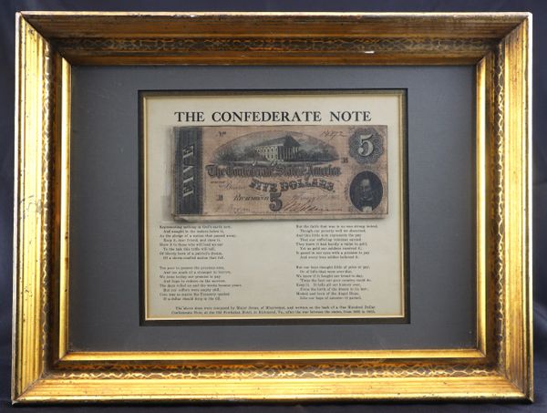Confederate Five-Dollar Bill Framed with 1865 Poem