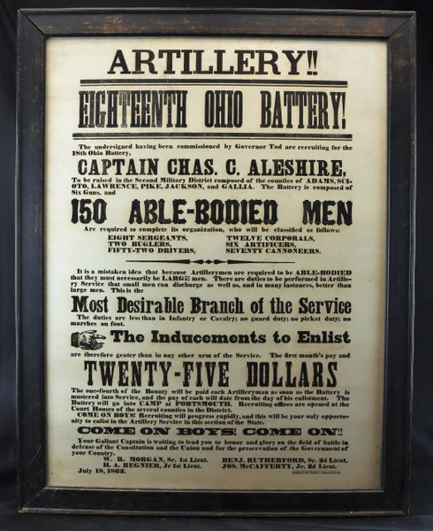 Recruiting Broadside for the 18th Ohio Light Artillery /SOLD