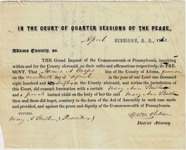 Gettysburg-Rare and Disturbing Document, Misdemeanor Charge for “Fornication on a Certain Mary Ann Stabler and a Female Bastard Child / SOLD