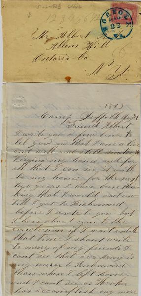 Civil War Letter from Andrew Mortimer Sleght, 1st New York Mounted Rifles. “I Begin to Wonder What We Are Fighting For” / SOLD