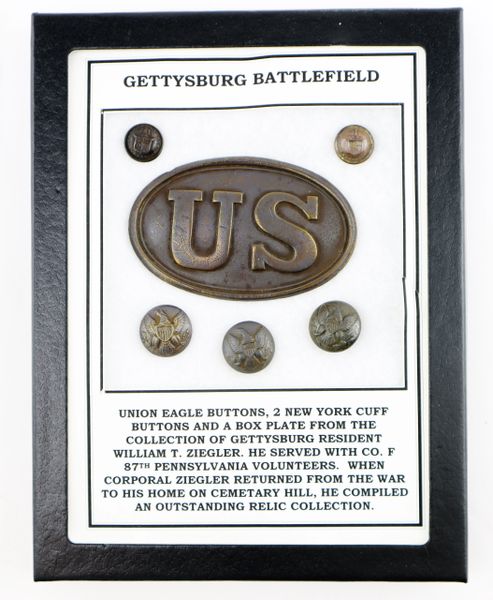 Gettysburg Battlefield Eagle and New York Buttons and Box Plate from the Collection of Gettysburg Resident William T. Zieglar