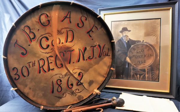 Civil War Bass Drum, Sticks, Charcoal Print and Newspaper of Jacob Case, 30th New Jersey Infantry
