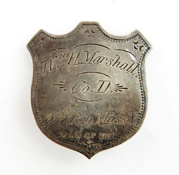 Shield Identification Badge of Private William Harlow Marshall 18th Massachusetts Infantry, Battle of Gettysburg Veteran