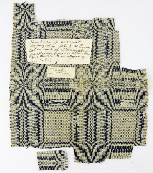 Piece of Coverlet Taken from the Home of Stonewall Jackson Identified to Elijah W. Penny, 130th Indiana Infantry Lost Right Arm at Atlanta - Wounded 6 Times