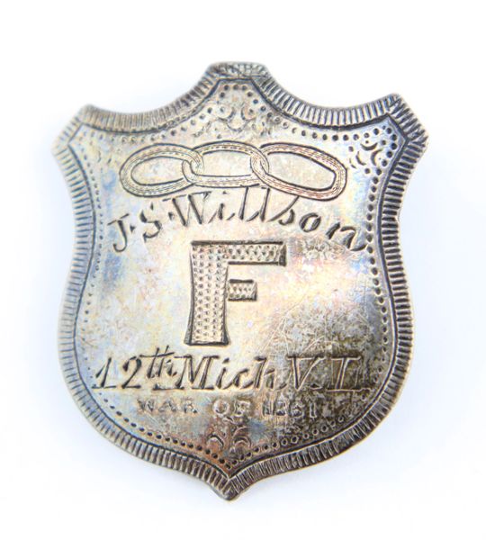 Silver Identification Badge of Corporal Joseph S. Wilson, 12th Michigan Infantry, Wounded at the Battle of Shiloh / SOLD