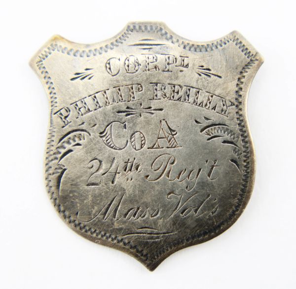 Silver Shield Identification Badge of Corporal Phillip J. Riley, 24th Massachusetts Infantry / SOLD