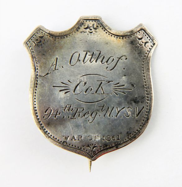 Silver Shield Identification Badge of Albert Olthof, Musician in the 105th and 94th New York Infantry