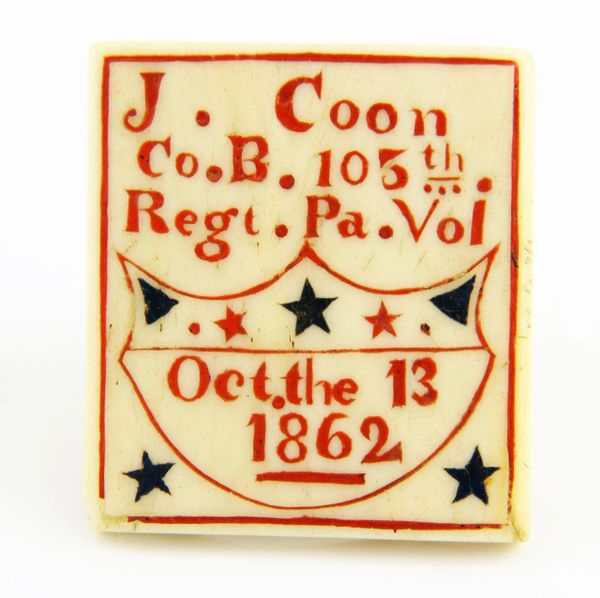Carved Bone Neckerchief Slide of Joseph Coon, 105th Pennsylvania, Captured at Manassas Junction, Wounded at the Battle of the Wilderness / SOLD