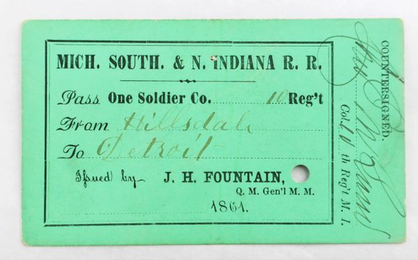 Civil War Railroad Pass for a 10th Michigan Infantry Soldier / SOLD
