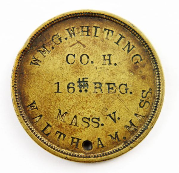 George McClellan Identification Disk of William G. Whiting 16th Massachusetts Infantry, Battle of Gettysburg Veteran / SOLD