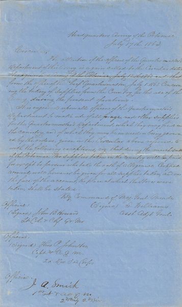 Gettysburg Campaign Document from Headquarters, Army of the Potomac General Meade’s Orders on Confiscating Supplied for the Army / SOLD