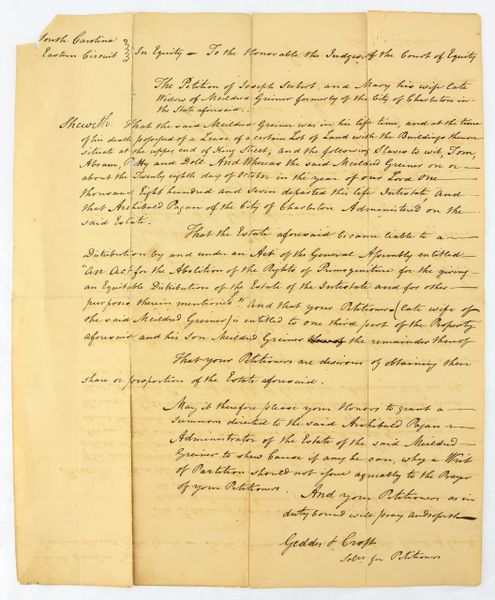 Oversized Charleston, South Carolina Slavery Document