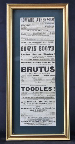 Broadside Featuring Edwin Booth In the Role of Brutus, Play at the Howard Athenaeum