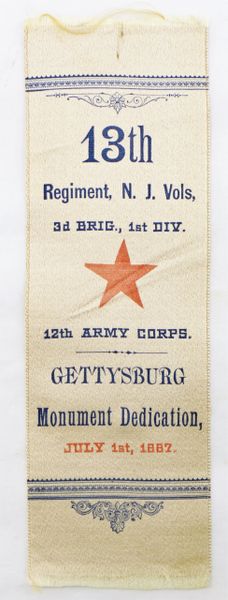 13th New Jersey Infantry Gettysburg Monument Dedication Ribbon / SOLD