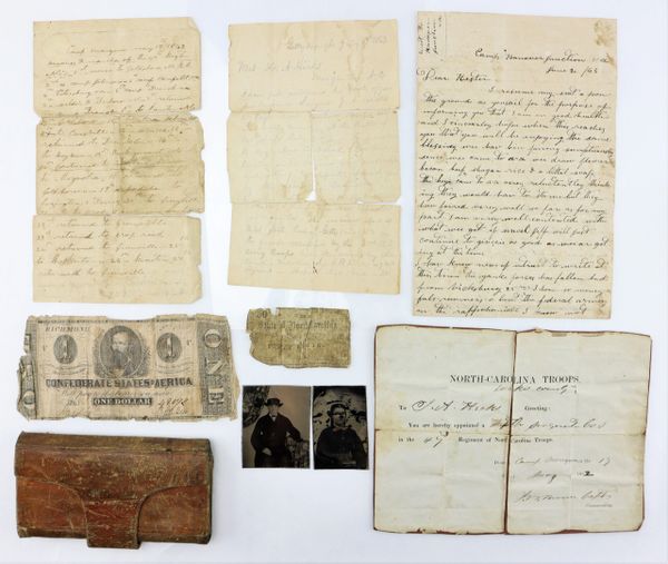 Mortally Wounded at Pickett’s Charge! Grouping of Wartime Letters, Wallet, and Tintypes of J. A. Hicks, 47th North Carolina Infantry, Mortally Wounded July 3, 1863 at Gettysburg. Includes the Letter Notifying His Wife of Her Husband’s Death