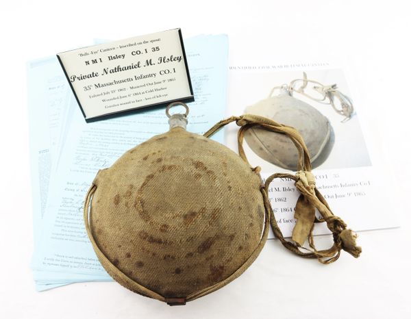 Civil War U.S. “Bullseye” Canteen, Carried by Nathaniel M. Ilsley, 35th Massachusetts Infantry Lost Left Eye at Cold Harbor / SOLD