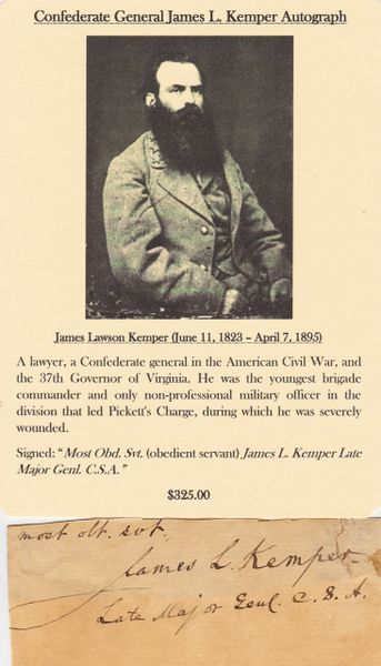 Confederate General James L. Kemper Autograph / SOLD
