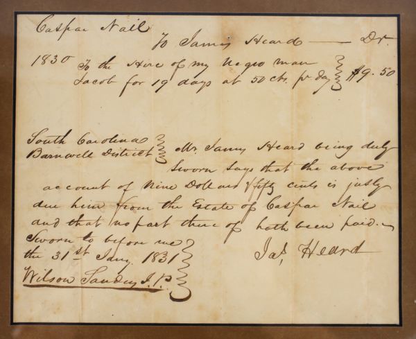 South Carolina Slave Hire Document / SOLD