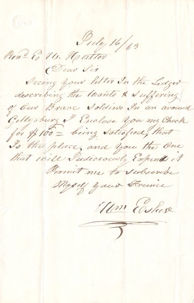 July 1863 Letter to Revered Edwin Hutter with Gettysburg Content