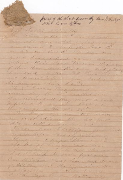 Incredible Missionary Ridge Battle Letter, "Piece of the shirt worn by Ben McCulloch when he was killed." / SOLD