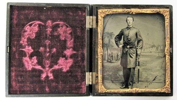 Naval Officer with Painted Patriotic Backdrop Sixth Plate Tintype / Sold